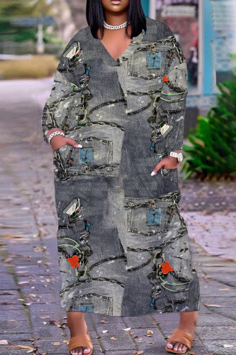 Grey Casual Print Pocket V Neck Long Plus Size Dresses