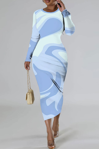 Light Blue Casual Print Basic O Neck Long Sleeve Dresses