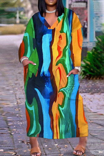 Colour Casual Print Pocket V Neck Long Plus Size Dresses