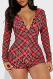 Red Casual Plaid Buckle Patchwork V Neck Skinny Rompers