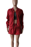 Coffee Casual Draw String Patchwork Zipper Contrast Zipper Collar Long Sleeve Two Pieces