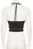 Black Sexy Solid Color Patchwork Backless Halter Two Pieces