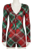 Red Casual Plaid Buckle Patchwork V Neck Skinny Rompers