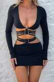 Black Sexy Solid Color Hollow Out Patchwork Deep V Neck Long Sleeve Two Pieces