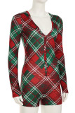 Red Casual Plaid Buckle Patchwork V Neck Skinny Rompers
