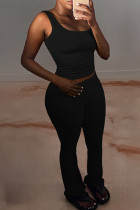 Black Casual Solid Color Patchwork U Neck Two Pieces