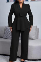 Black Casual Solid Color Patchwork V Neck Long Sleeve Two Pieces