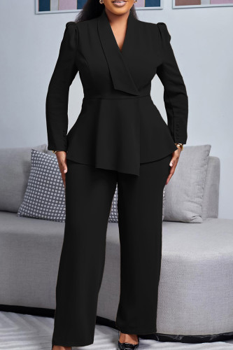Black Casual Solid Color Patchwork V Neck Long Sleeve Two Pieces