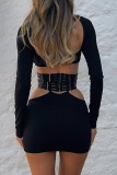 Black Sexy Solid Color Hollow Out Patchwork Deep V Neck Long Sleeve Two Pieces