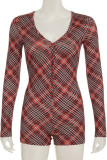 Red Casual Plaid Buckle Patchwork V Neck Skinny Rompers
