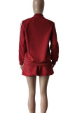 Coffee Casual Draw String Patchwork Zipper Contrast Zipper Collar Long Sleeve Two Pieces
