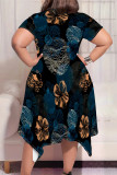 Brown Hazel Casual Street Geometric Print Floral Print Pocket Irregular Contrast O Neck Irregular Plus Size Dresses