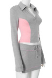 Grey Casual Draw String Patchwork Contrast V Neck Long Sleeve Two Pieces