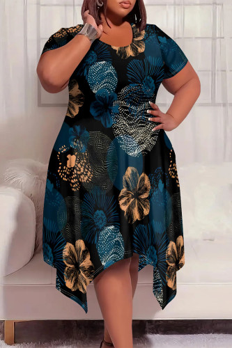 Black Casual Street Geometric Print Floral Print Pocket Irregular Contrast O Neck Irregular Plus Size Dresses