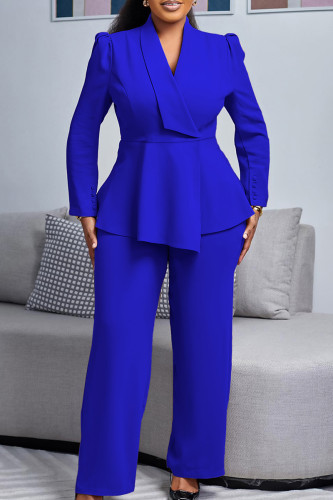Royal Blue Casual Solid Color Patchwork V Neck Long Sleeve Two Pieces
