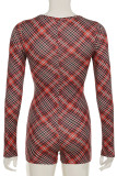 Red Casual Plaid Buckle Patchwork V Neck Skinny Rompers