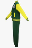 Green Casual Letters Pocket Patchwork Contrast Cardigan Collar Long Sleeve Two Pieces