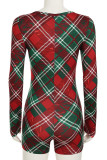 Red Casual Plaid Buckle Patchwork V Neck Skinny Rompers