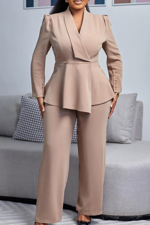 Khaki Casual Solid Color Patchwork V Neck Long Sleeve Two Pieces