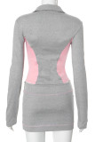 Grey Casual Draw String Patchwork Contrast V Neck Long Sleeve Two Pieces