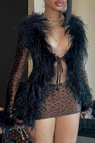 Brown Sexy Leopard Print Fringed Trim Patchwork Deep V Neck Long Sleeve Two Pieces