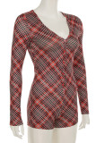Red Casual Plaid Buckle Patchwork V Neck Skinny Rompers