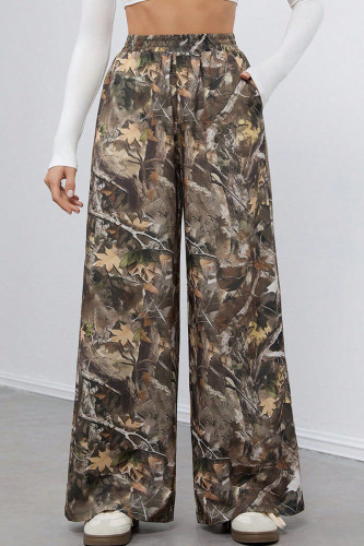 Brownness Casual Print Pocket Patchwork Loose High Waist Wide Leg Full Print Bottoms