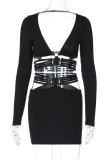 Black Sexy Solid Color Hollow Out Patchwork Deep V Neck Long Sleeve Two Pieces