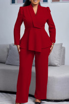 Burgundy Casual Solid Color Patchwork V Neck Long Sleeve Two Pieces