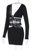 Black Sexy Solid Color Hollow Out Patchwork Deep V Neck Long Sleeve Two Pieces