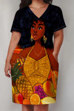 Pink Casual Street Cartoon Print Pocket Contrast V Neck Printed Plus Size Dresses