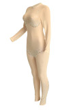 Cream White Sexy Hot Patchwork Hot Drilling See-Through Half A Turtleneck Skinny Jumpsuits