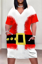 White Red Casual Party Wapiti Santa Claus Print Pocket Contrast V Neck Printed Plus Size Dresses
