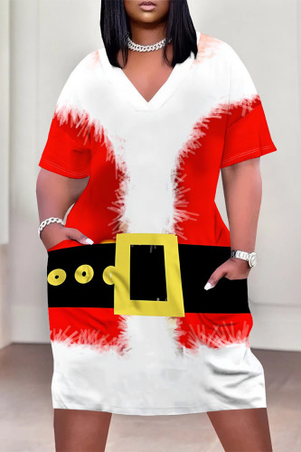 White Red Casual Party Wapiti Santa Claus Print Pocket Contrast V Neck Printed Plus Size Dresses