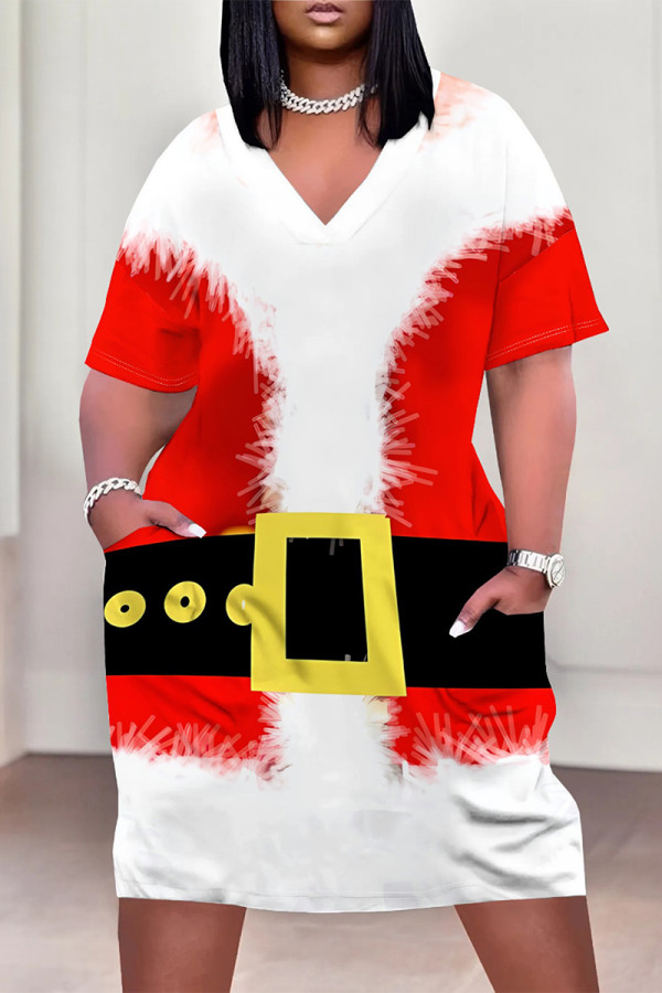 White Red Casual Party Wapiti Santa Claus Print Pocket Contrast V Neck Printed Plus Size Dresses