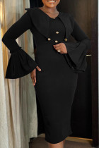 Black Elegant Solid Color Buttons Patchwork V Neck Wrapped Skirt Dresses