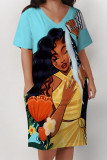 Pink Casual Street Cartoon Print Pocket Contrast V Neck Printed Plus Size Dresses