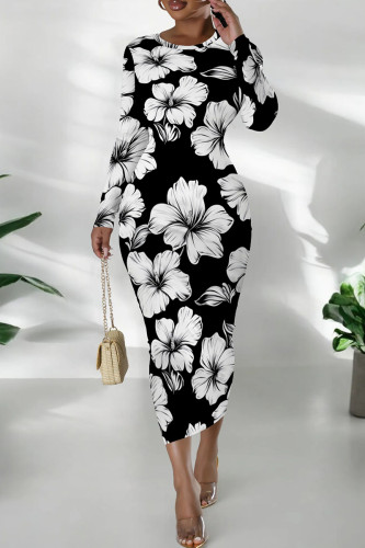 Black And White Casual Print Patchwork O Neck Wrapped Skirt Dresses
