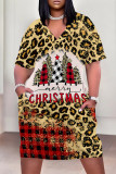 Leopard Print Casual Party Plaid Leopard Print Snowflakes Christmas Tree Print Pocket Contrast V Neck Printed Plus Size Dresses