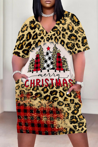 Leopard Print Casual Party Plaid Leopard Print Snowflakes Christmas Tree Print Pocket Contrast V Neck Printed Plus Size Dresses