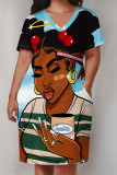 Pink Casual Street Cartoon Print Pocket Contrast V Neck Printed Plus Size Dresses