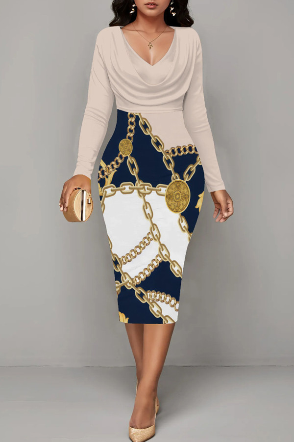 Light Khaki Casual Print Patchwork V Neck Wrapped Skirt Dresses