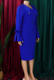 Blue Elegant Solid Color Buttons Patchwork V Neck Wrapped Skirt Dresses