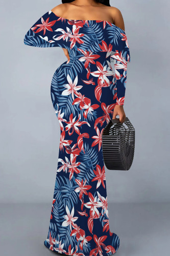 Tibetan Blue Casual Print Patchwork Backless Off Shoulder Long Dresses