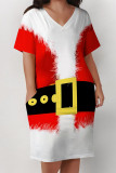 White Red Casual Party Wapiti Santa Claus Print Pocket Contrast V Neck Printed Plus Size Dresses