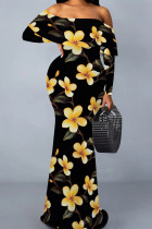 Black Yellow Casual Print Patchwork Backless Off Shoulder Long Dresses