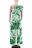 Green Casual Print Patchwork Backless Ruffled Trim Oblique Collar Loose Jumpsuits