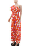 Tangerine Red Casual Print Patchwork Ruffled Trim Oblique Collar Loose Jumpsuits