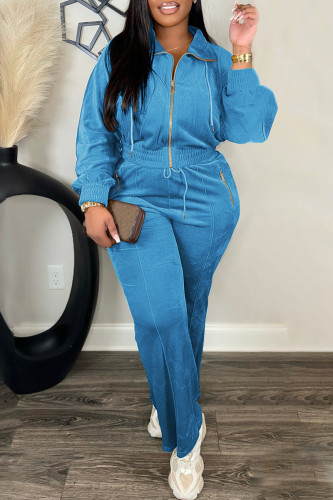 Blue Casual Solid Color Patchwork Zipper Collar Long Sleeve Two Pieces