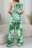 Green Casual Print Patchwork Backless Ruffled Trim Oblique Collar Loose Jumpsuits